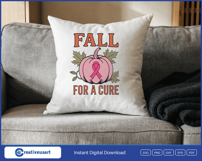 Fall For A Cure pink pumpkin with a ribbon and autumn leaves SVG design on a white throw pillow