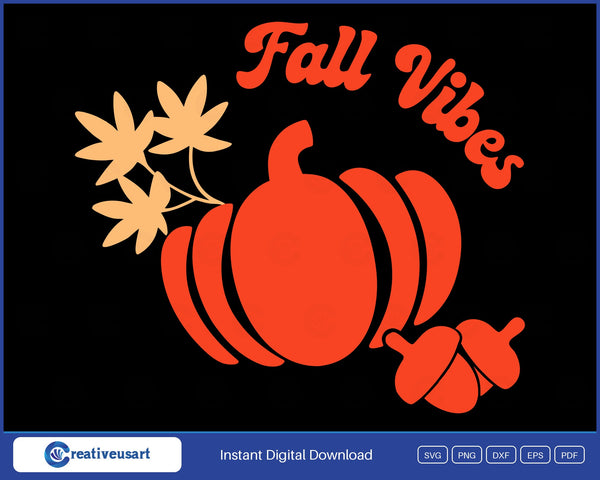 Fall Vibes pumpkin and acorn SVG design on black background