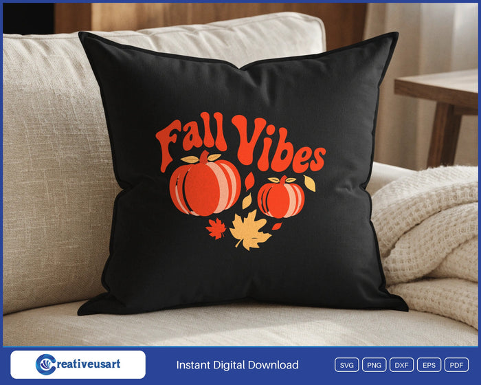 Fall Vibes two pumpkins SVG design on a black throw pillow