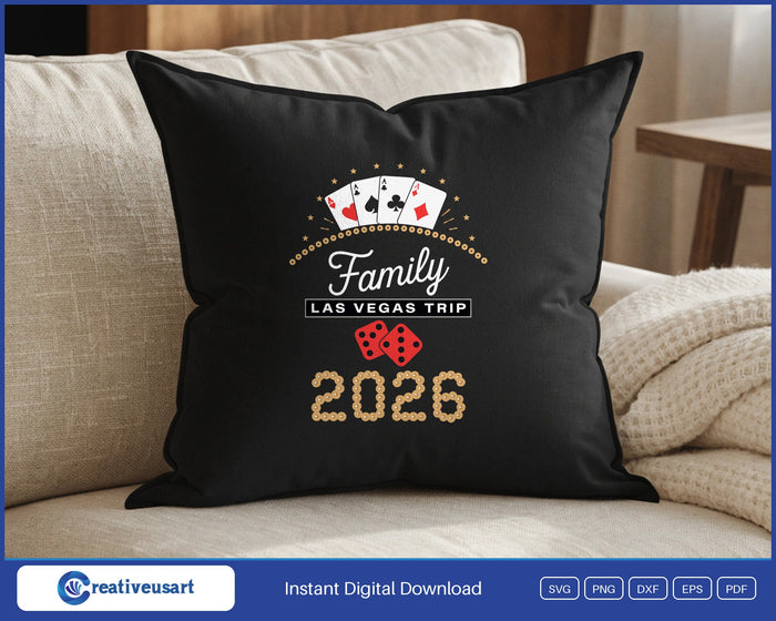 Family Las Vegas Trip 2026 four aces SVG design on a black throw pillow