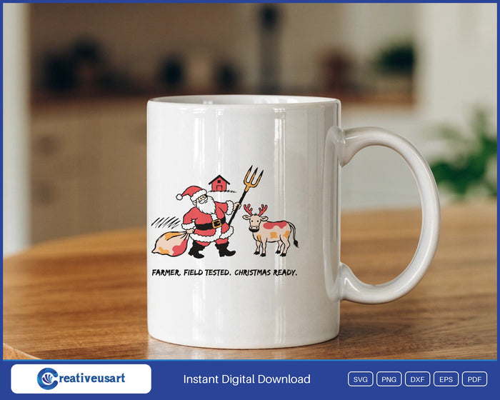 Farmer Santa Christmas SVG design on a white coffee mug