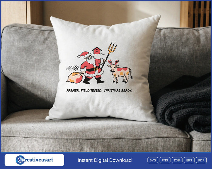 Farmer Santa Christmas SVG design on a white throw pillow