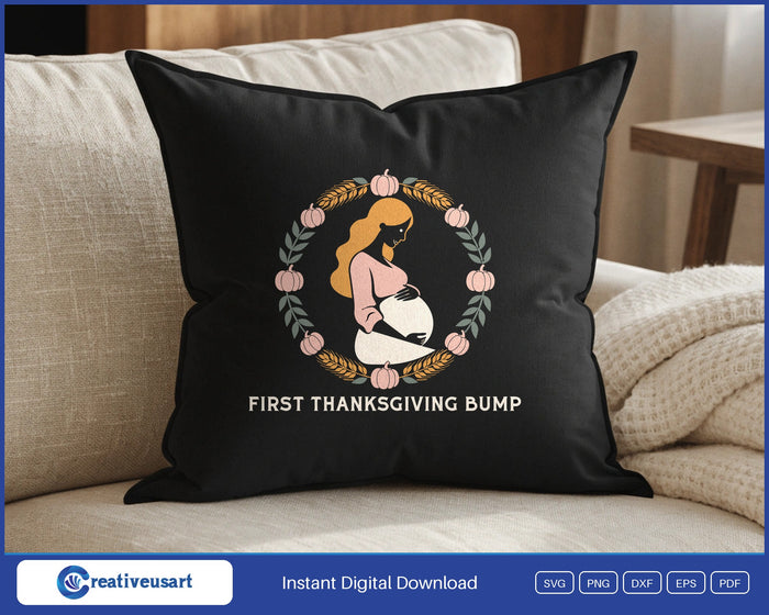 First Thanksgiving Bump with a pregnant silhouette in a wheat and pumpkin wreath SVG design on a black throw pillow