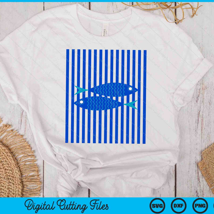 Fisherman Aesthetic White Blue Stripes With Sardine Fish SVG PNG Digital Printable Files