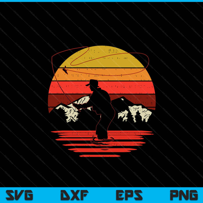 Fly fishing sunset retro trout angling fisherman angler SVG cut file
