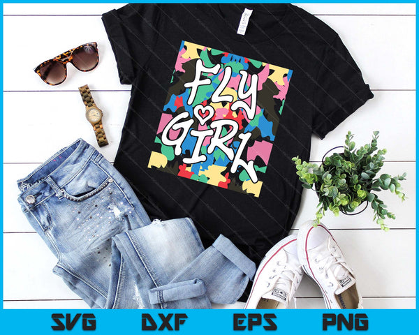 Fly Girl jaren '80 jaren '90 Old School Camo B-Girl Hip Hop SVG PNG digitale afdrukbare bestanden