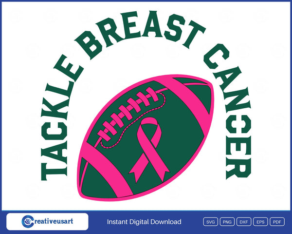 Tackle Breast Cancer football SVG, green football with pink laces and a pink ribbon under arched varsity lettering