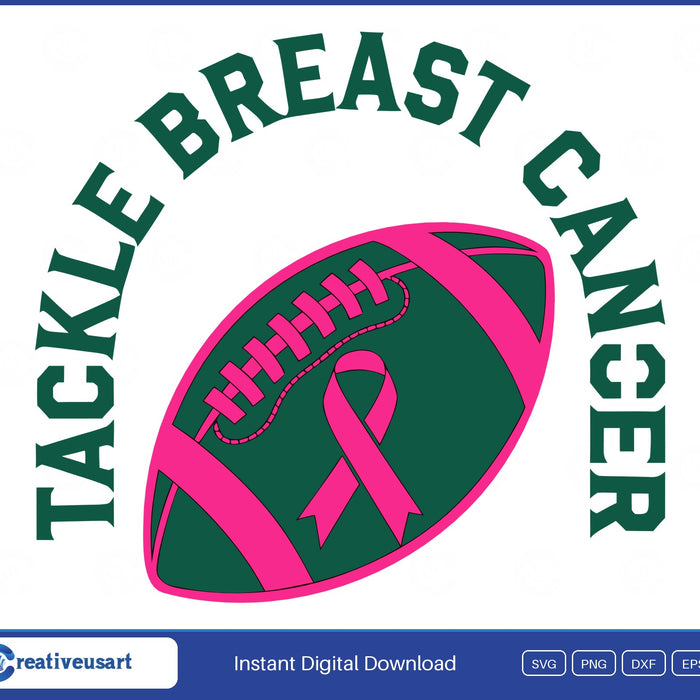 Tackle Breast Cancer football SVG, green football with pink laces and a pink ribbon under arched varsity lettering