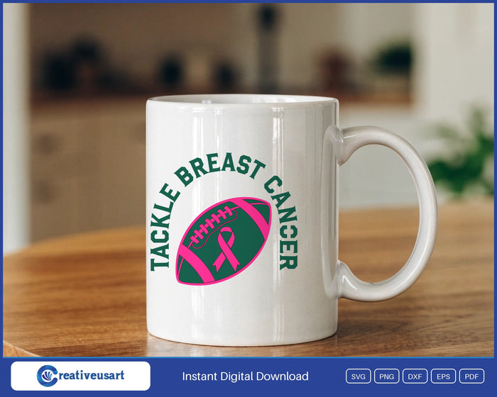 Tackle Breast Cancer football design on a white coffee mug