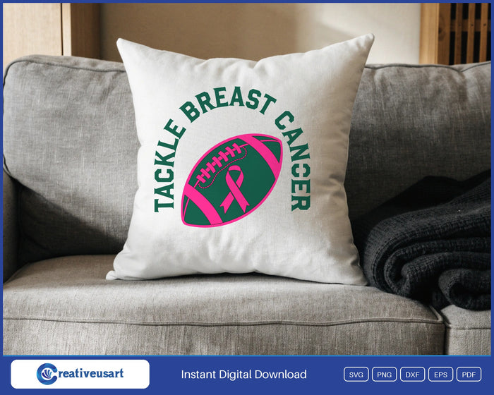 Tackle Breast Cancer football design on a white throw pillow