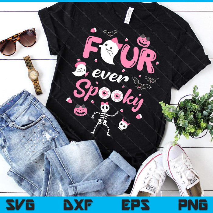 Four Ever Spooky Halloween Ghost 4th Birthday Girl Bow Ghost SVG PNG Digital Printable Files