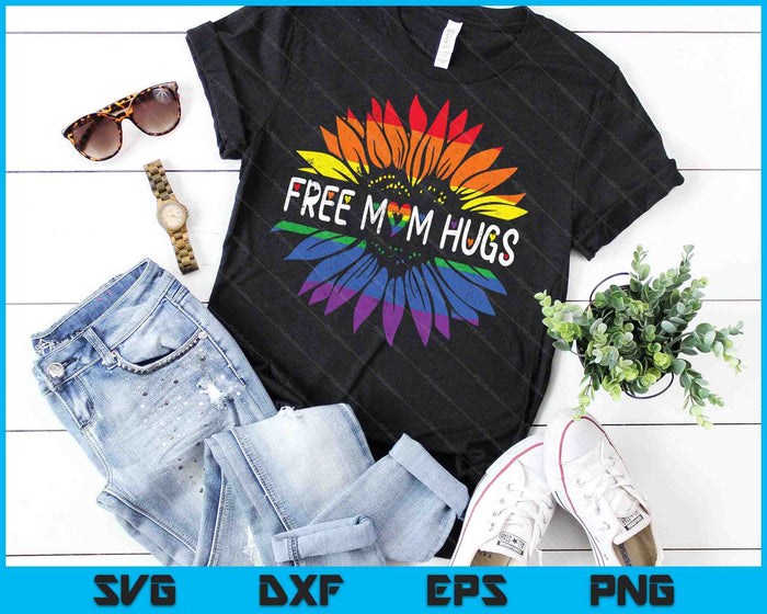 Free Mom Hugs Gay Pride LGBT Daisy Rainbow Flower Hippie SVG PNG Cutting Printable Files