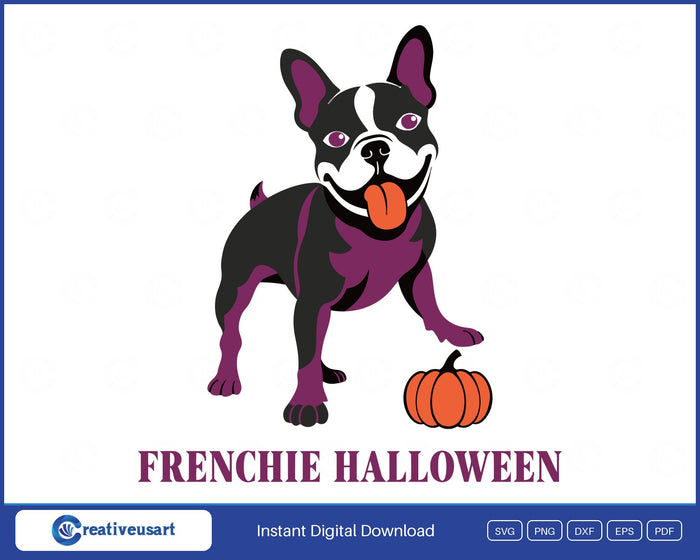 Frenchie Halloween, a French bulldog with a pumpkin, in bold letters SVG design on a white background
