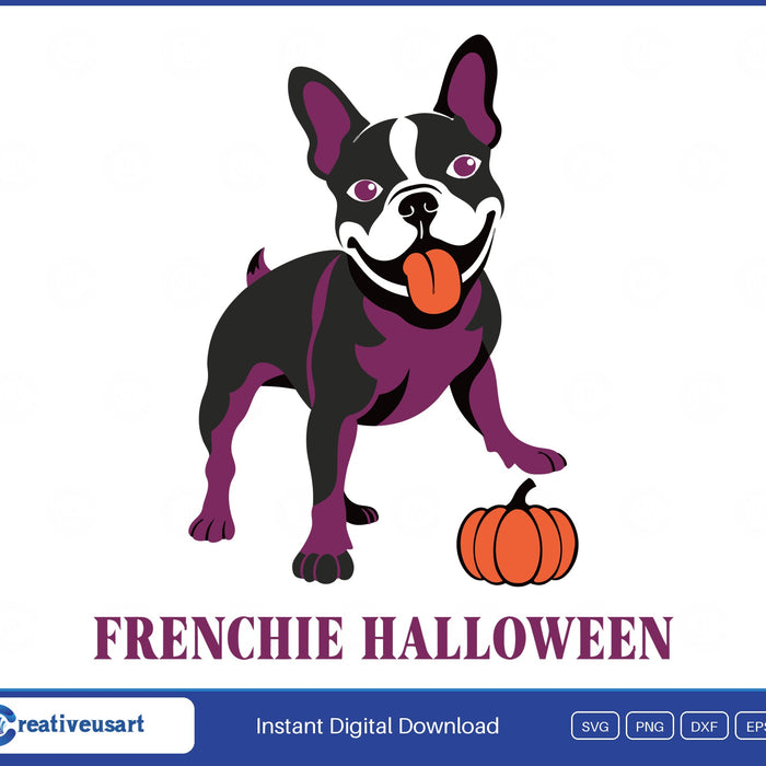 Frenchie Halloween, a French bulldog with a pumpkin, in bold letters SVG design on a white background