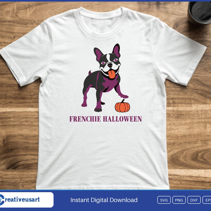 A French bulldog with its tongue out beside a small pumpkin, above the words Frenchie Halloween, on a white t-shirt
