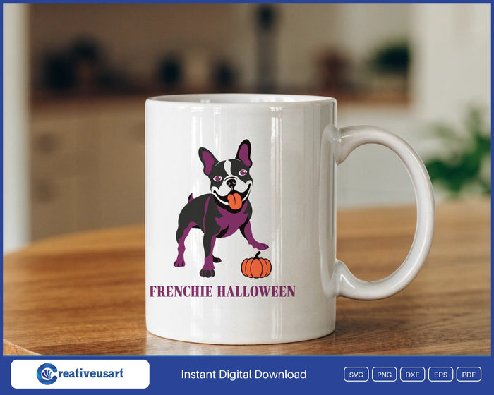 Frenchie Halloween with a French bulldog beside a pumpkin SVG design on a white coffee mug