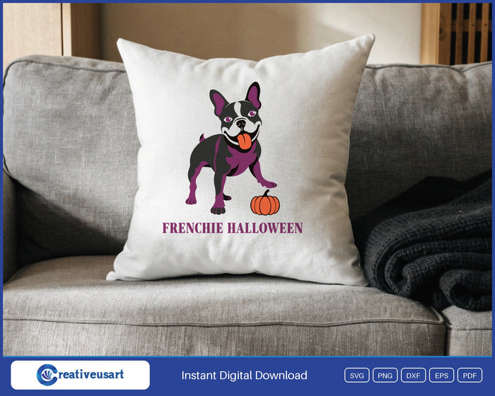 Frenchie Halloween with a French bulldog beside a pumpkin SVG design on a white throw pillow