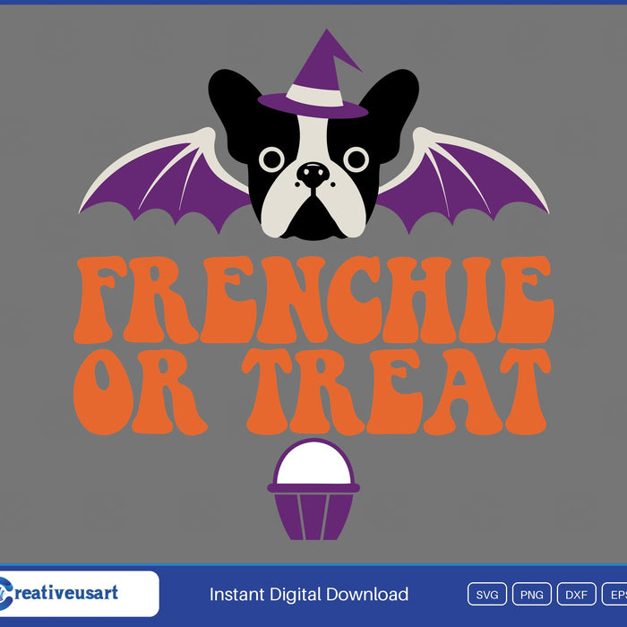 Frenchie Or Treat, a French bulldog in a purple witch hat with bat wings and a sweet bucket SVG design on a gray background