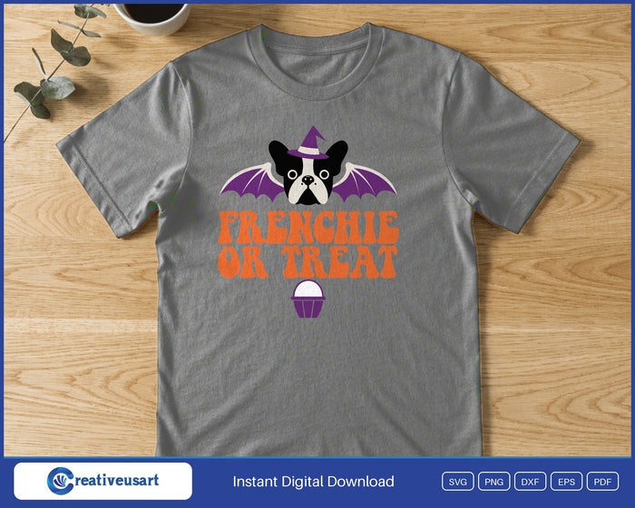 Frenchie Or Treat French bulldog in a witch hat with bat wings SVG printed on a gray t-shirt