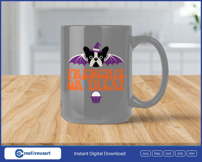 Frenchie Or Treat French bulldog in a witch hat with bat wings SVG design on a gray coffee mug