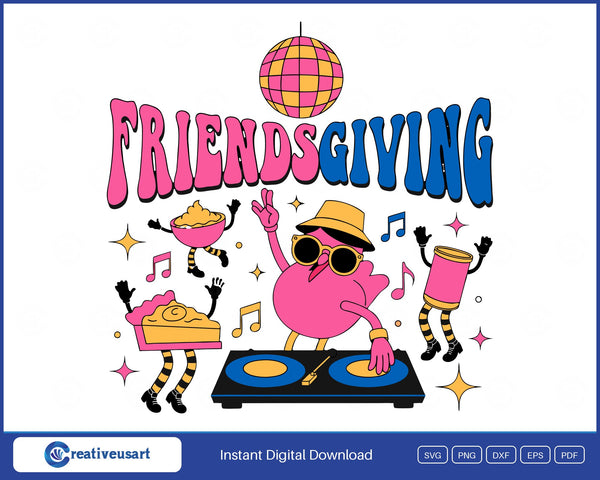 Friendsgiving disco turkey DJ SVG design on a white background