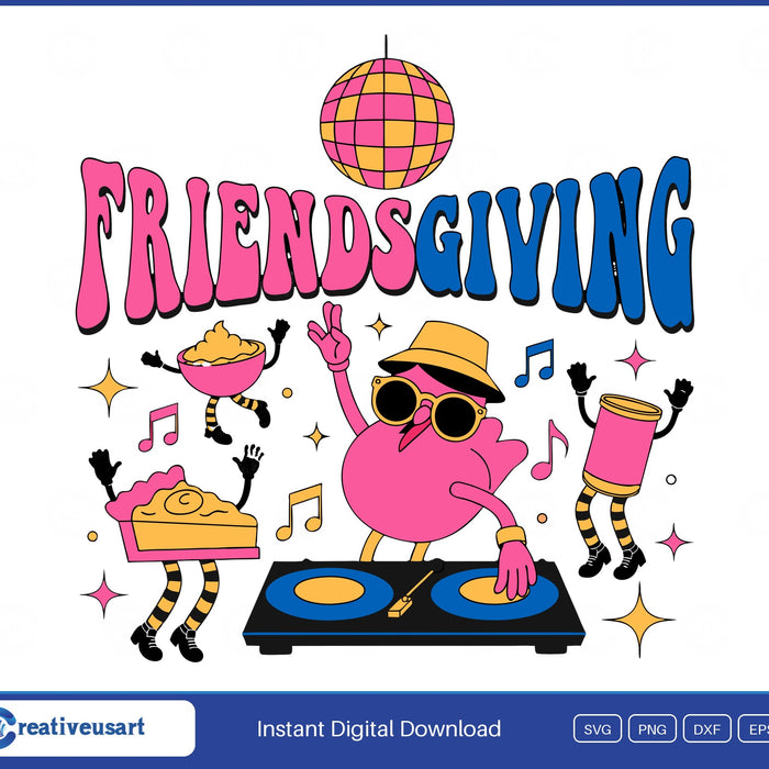 Friendsgiving disco turkey DJ SVG design on a white background