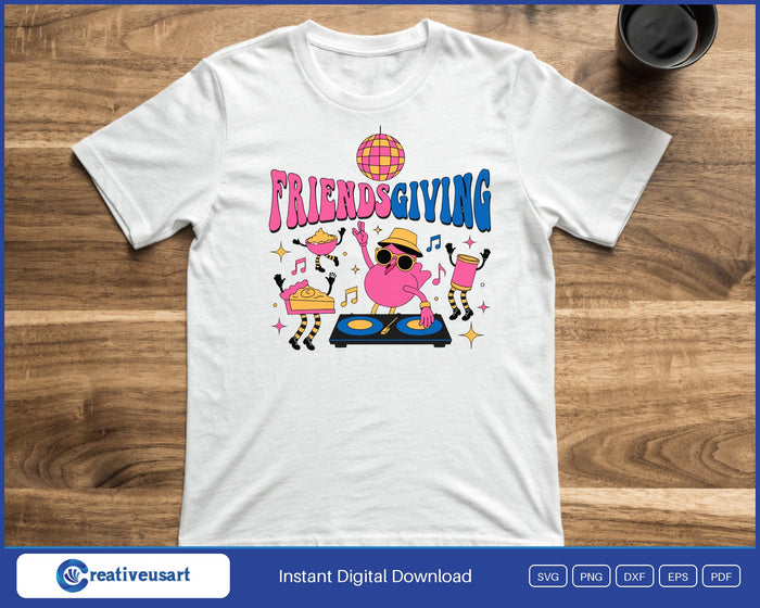 Friendsgiving disco turkey DJ SVG printed on a white t-shirt, matching Friendsgiving party shirts