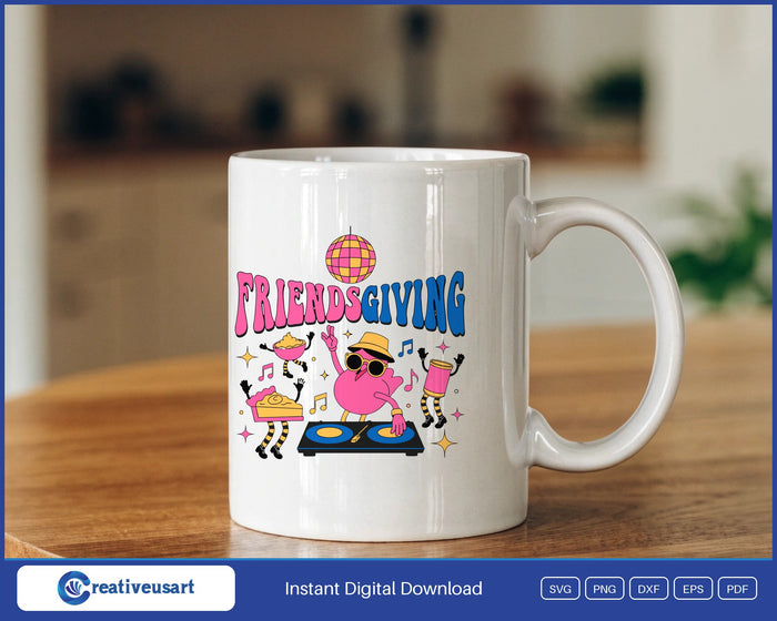 Friendsgiving disco turkey DJ SVG design on a white coffee mug