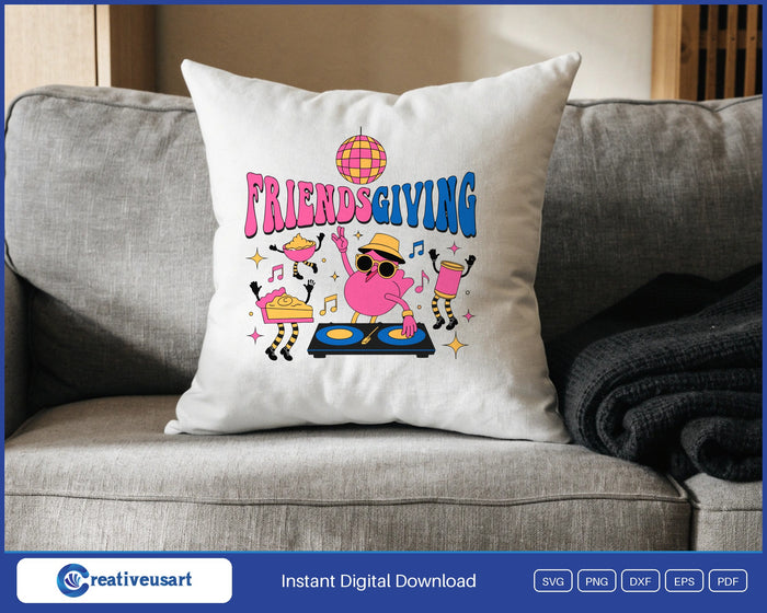 Friendsgiving disco turkey DJ SVG design on a white throw pillow