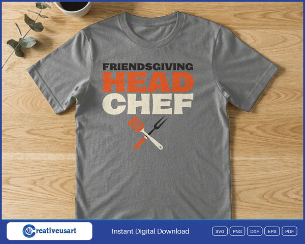 Friendsgiving Head Chef spatula and fork SVG printed on a grey t-shirt