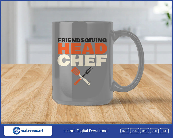 Friendsgiving Head Chef spatula and fork SVG design on a grey coffee mug