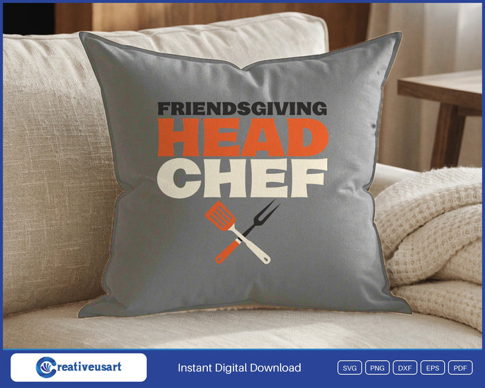 Friendsgiving Head Chef spatula and fork SVG design on a grey throw pillow