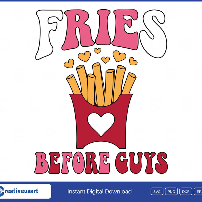 Fries Before Guys SVG, a red fry carton with a white heart and hearts floating up from the fries