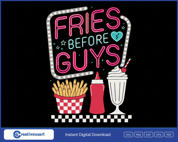 Fries Before Guys neon diner sign SVG, hot-pink and turquoise neon tube lettering with a fries basket, ketchup and a milkshake