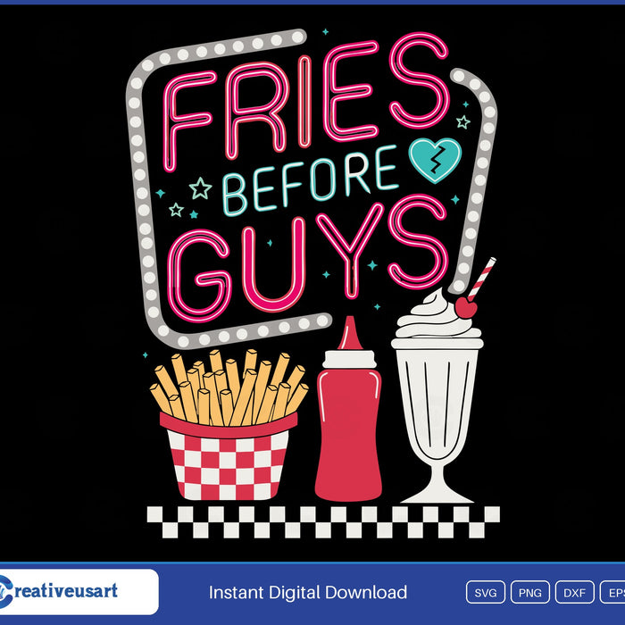 Fries Before Guys neon diner sign SVG, hot-pink and turquoise neon tube lettering with a fries basket, ketchup and a milkshake