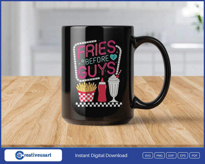 Fries Before Guys neon diner sign design on a black coffee mug