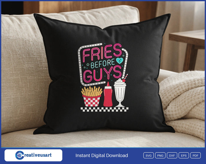 Fries Before Guys neon diner sign design on a black throw pillow