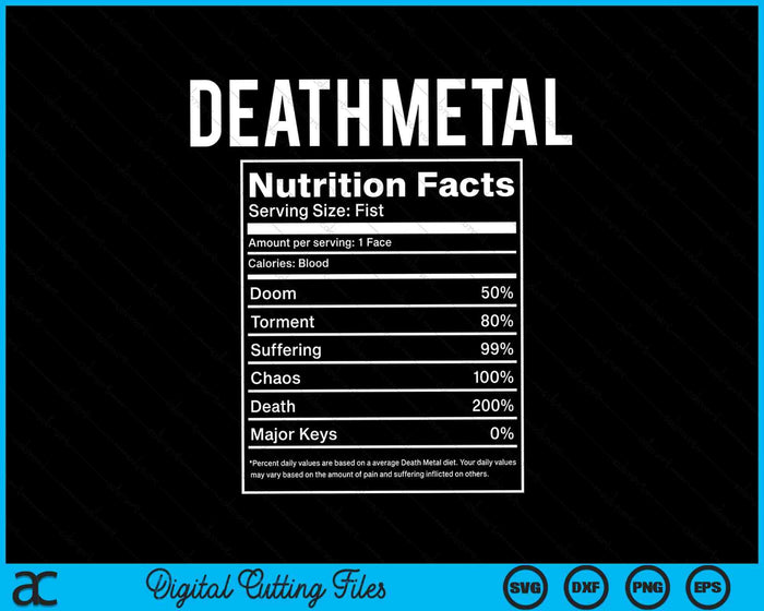 Divertido Brutal Death Metal Información nutricional Concierto SVG PNG Archivos de corte digital