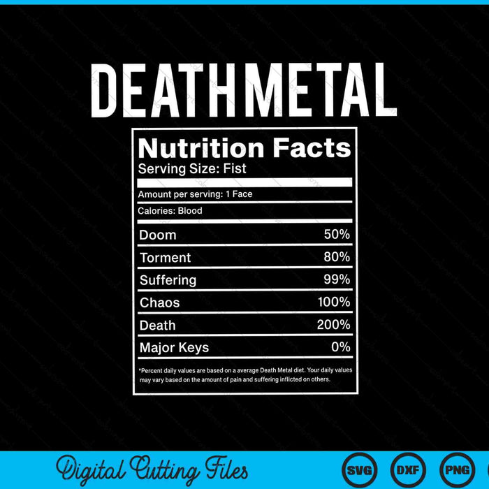 Divertido Brutal Death Metal Información nutricional Concierto SVG PNG Archivos de corte digital