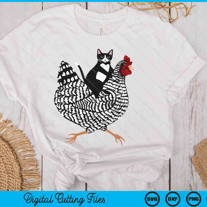 Funny Cat Riding Chicken Tuxedo Cat On A Chicken Lover SVG PNG Digital Printable Files