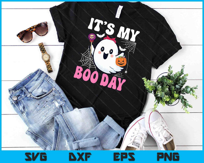 Funny Its My Boo Day Cute Halloween Birthday Ghost Pink Bow SVG PNG Digital Cutting Files