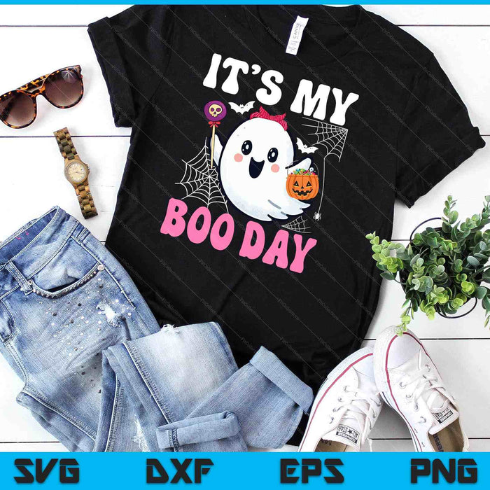 Funny Its My Boo Day Cute Halloween Birthday Ghost Pink Bow SVG PNG Digital Cutting Files