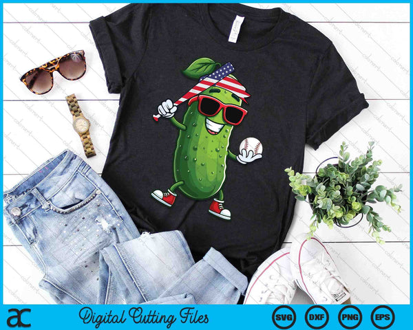 Patriotic Pickle Playing Baseball SVG PNG Digital Cutting Files - on a t-shirt