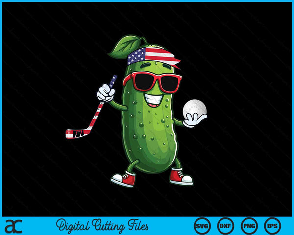 Patriotic pickle playing hockey SVG cut file