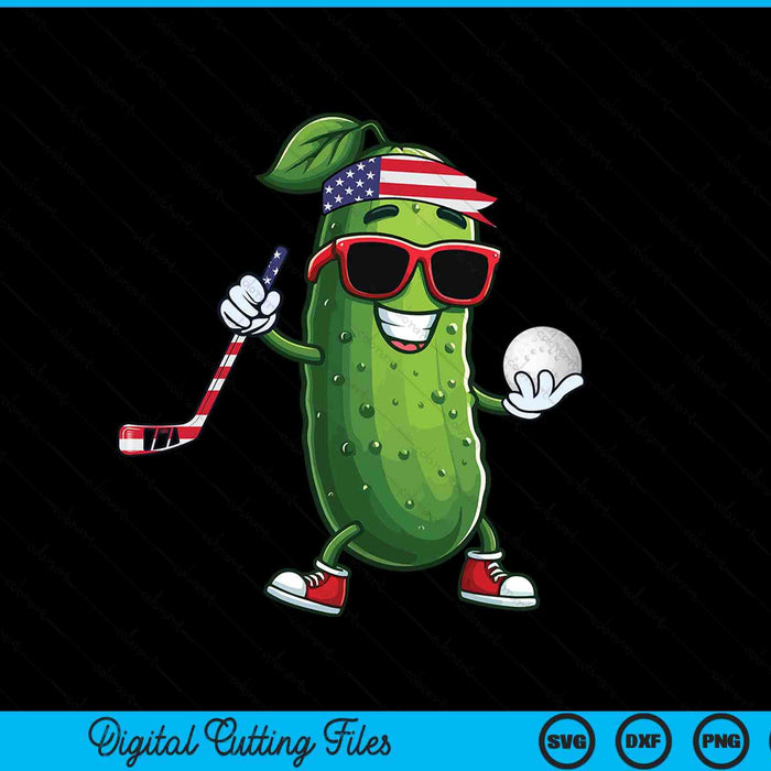 Patriotic pickle playing hockey SVG PNG cut file for Cricut