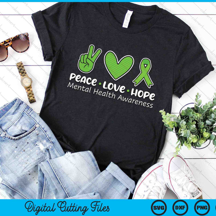 Peace Love Hope Mental Health Awareness Green Ribbon SVG PNG Digital Cutting Files