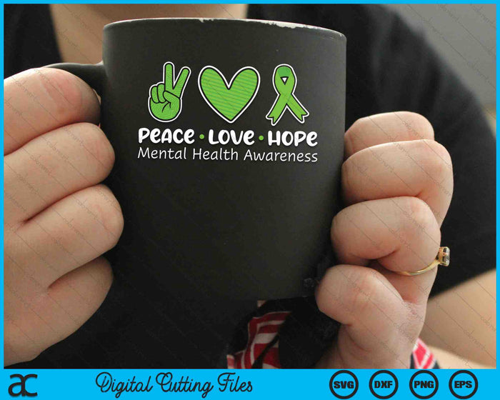 Vrede liefde hoop geestelijke gezondheid bewustzijn groen lint SVG PNG digitale snijden bestanden