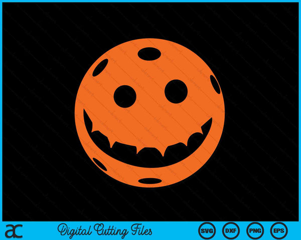 Orange pickleball carved like a smiling jack o lantern, Halloween pickleball SVG