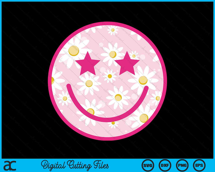 Divertido rosa cara feliz margarita flor sonrisa cara moda SVG PNG archivo de corte digital