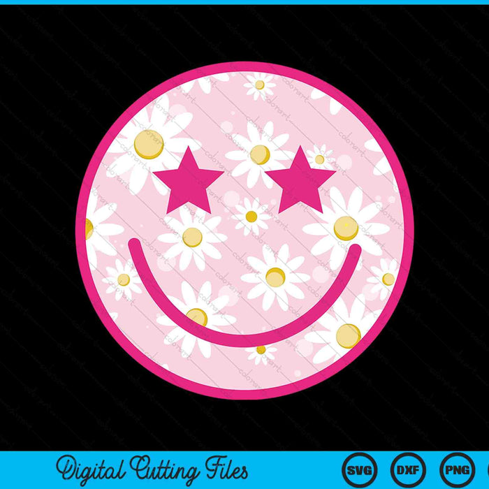 Grappig roze blij gezicht Daisy Flower Smile Face Trendy SVG PNG digitaal snijden-bestand